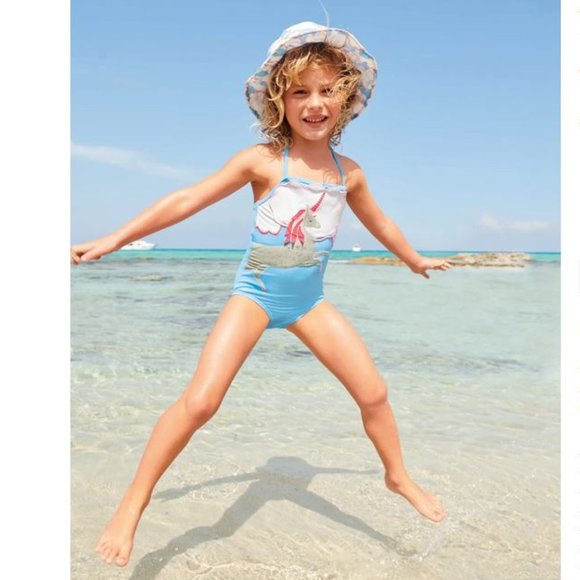 NEW! Mini Boden Unicorn Applique Swimsuit in CLOUD BLUE UNICORN (9-10Y)